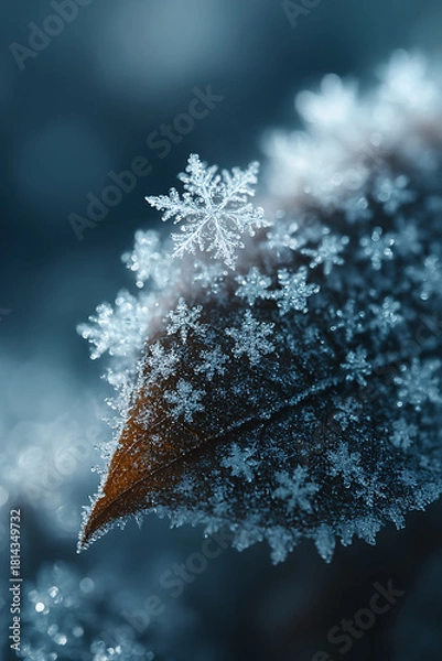 Fototapeta Macro photography of a perfect hexagonal snowflake crystal resting on a frozen brown leaf covered in hoarfrost