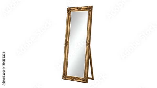 Obraz Ornate, freestanding full-length mirror, gold-toned frame with intricate carvings, black background