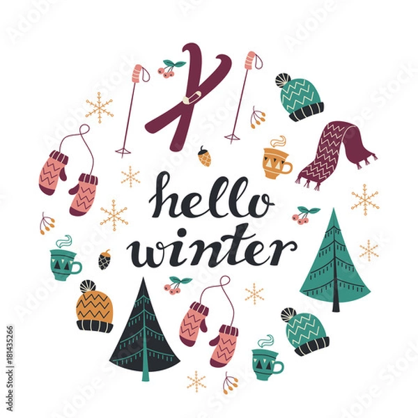 Obraz Hello Winter Text and Winter Background with Hand Drawn Winter Elements.