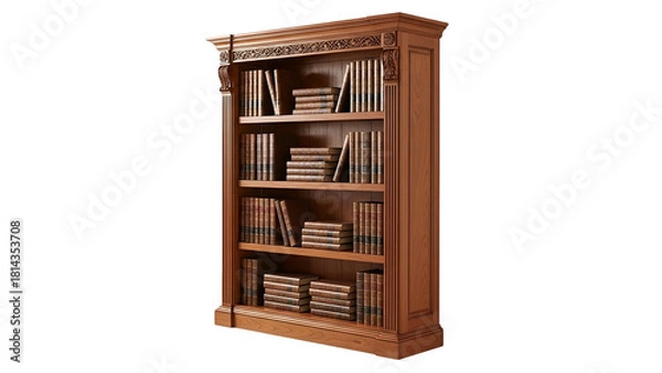 Obraz A stately wooden bookcase filled with books, ornately carved, against a dark background