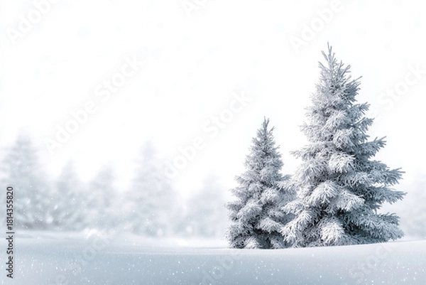 Fototapeta Snow-covered pine trees stand in a quiet white landscape with soft snowfall, creating a calm and clean winter scene perfect for seasonal designs and backgrounds.