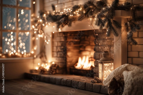 Fototapeta Cozy Christmas background with warm fireplace glow, soft shadows, pine branches and fairy lights