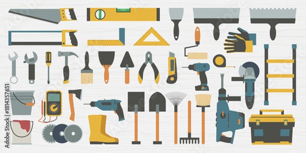 Obraz a construction tools set on wooden back