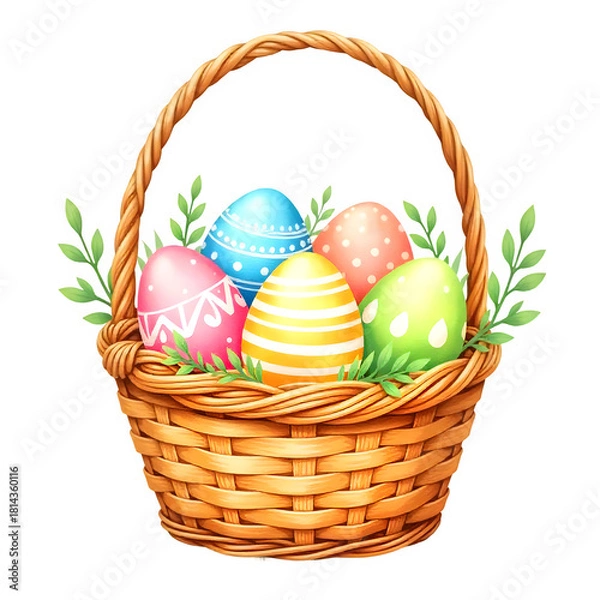 Fototapeta Colorful Easter eggs in a woven basket with green leaves, festive spring holiday celebration (Transparent Background)