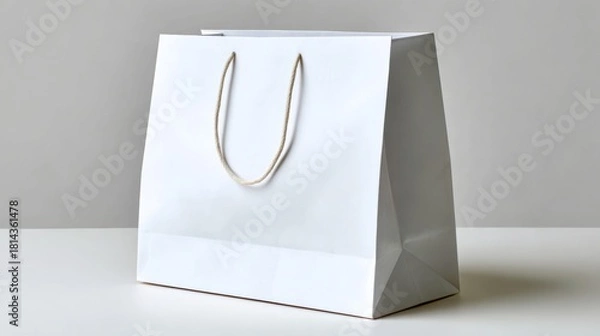 Fototapeta White paper shopping bag with twisted handles, placed on a clean surface, showcasing a minimalist design, ideal for branding and retail purposes, with ample copy space for customization