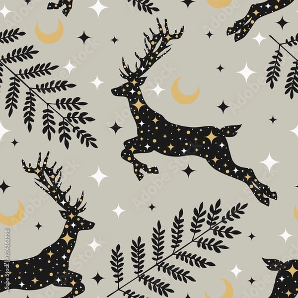 Fototapeta Winter holiday pattern. Seamless background with deers, snowflakes, herbs. Celebration design for paper, cover, fabric, interior decor.