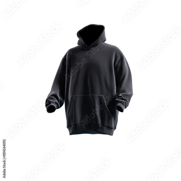 Fototapeta a plain black hoodie with a front pocket floating in mid-air against a clean light blue background, shaped naturally as if being worn by an invisible person. realistic fabric folds