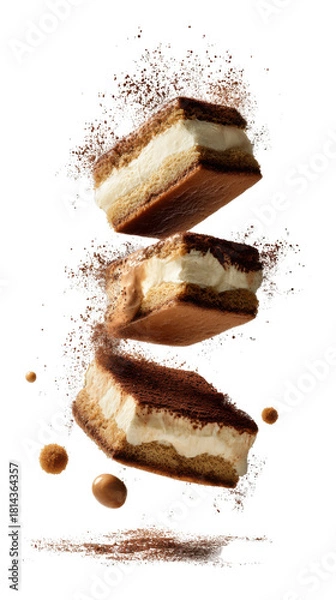Fototapeta Deconstructed layers of an Italian Tiramisu including ladyfinger biscuits, rich mascarpone cream, espresso droplets, 
