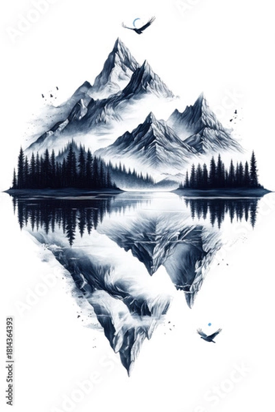 Fototapeta mountain ridge rendered in realistic black and grey with seven summits mirrored in a glassy lake, 