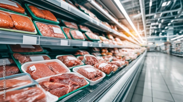 Fototapeta Retail aisle presenting various cuts of raw meat, including ground beef and poultry, ready for purchase by consumers