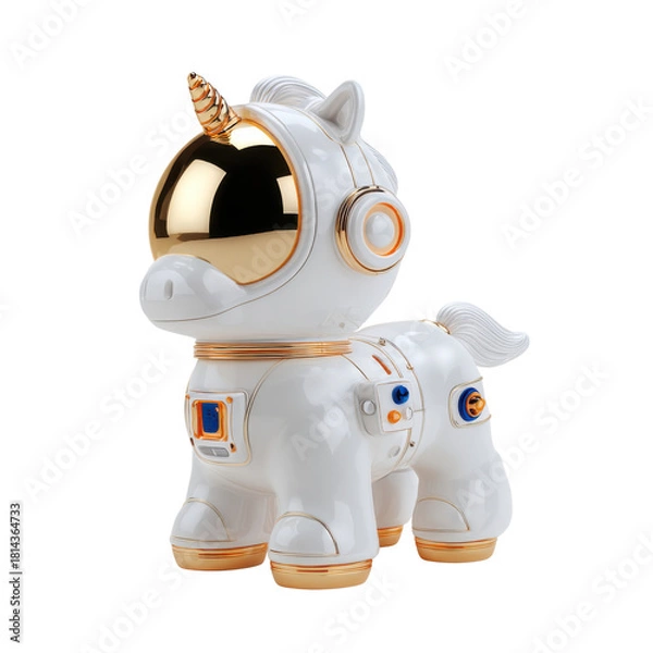 Fototapeta 3D Art Toy blind box design, anthropomorphic pony mascot IP. Core style is Future Space Explorer series. The character wears a chubby, thick, minimalist high-gloss white spacesuit,