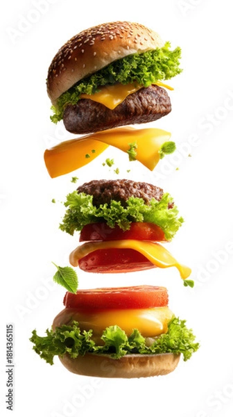 Fototapeta Deconstructed layers of a juicy cheeseburger including sesame brioche bun, grilled beef patty, melting cheddar cheese
