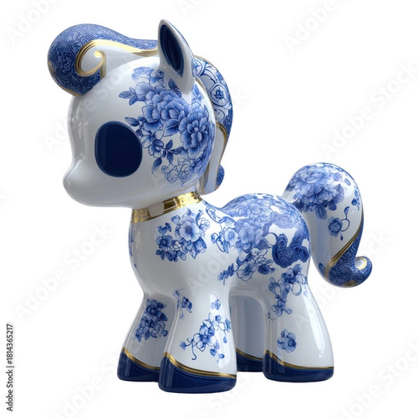 Fototapeta D Art Toy blind box design, anthropomorphic pony mascot IP. Core style is Chinese Blue and White Porcelain Art style.