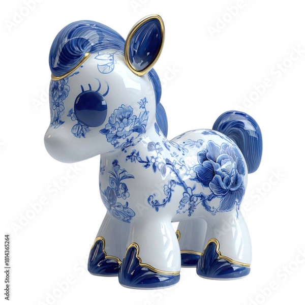 Fototapeta D Art Toy blind box design, anthropomorphic pony mascot IP. Core style is Chinese Blue and White Porcelain Art style.