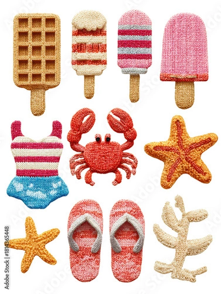 Fototapeta knitted pattern of cute summer-themed items, including icecrams a waffle, a lobster, a crab, flip flops , a swimmsuit, and a starfish, all in a kawaii style with summer colors on a white background, 