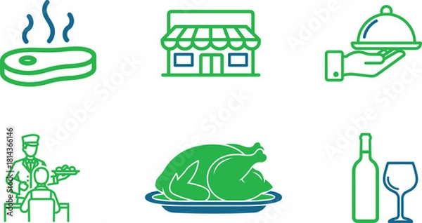 Fototapeta Restaurant Icon Set Presenting Various Culinary Experiences and Dining Scenarios Vector Illustration in Fresh Green and Blue Color Palette