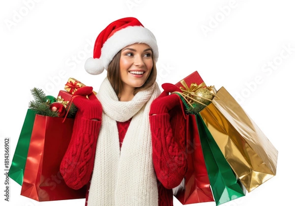 Obraz Woman in santa hat with christmas shopping bags isolated on transparent background