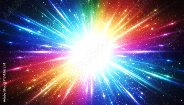 Obraz 虹色に輝く光の爆発と宇宙空間の背景素材 カラフルなエネルギーバーストと放射状の閃光 多色のスペクトルが広がる幻想的な抽象グラフィック