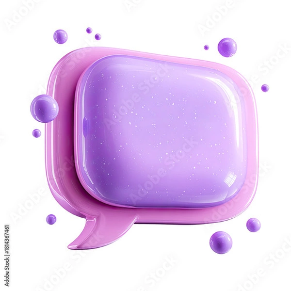 Obraz 3D-rendered, glossy pink and purple speech bubble with floating spheres, isolated on black
