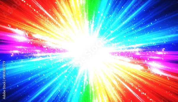 Obraz 虹色に輝く光の爆発と宇宙空間の背景素材 カラフルなエネルギーバーストと放射状の閃光 多色のスペクトルが広がる幻想的な抽象グラフィック