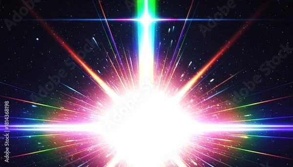 Obraz 虹色に輝く光の爆発と宇宙空間の背景素材 カラフルなエネルギーバーストと放射状の閃光 多色のスペクトルが広がる幻想的な抽象グラフィック