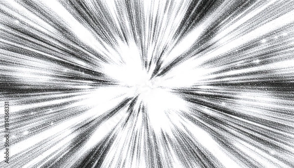 Obraz ザラザラした質感のモノクロ爆発効果と集中線 レトロなノイズが入ったスピード感のある白黒背景 グランジ風の衝撃的な星の光と粒子エフェクト