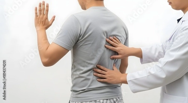 Fototapeta Doctor examining patient's back for pain relief and improved spinal health in clinical setting, offering healthcare solutions for wellness