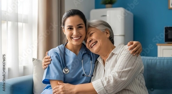Fototapeta Compassionate caregiver embraces senior woman with a cheerful smile, offering support and companionship in a warm home setting representing quality care
