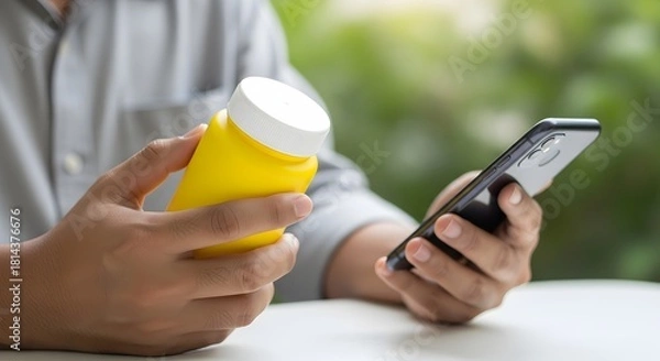 Fototapeta Man comparing medication information online using smartphone, checking bottle for dosage, ensuring health and safety, online pharmacy benefits