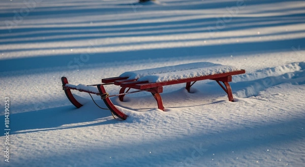 Obraz Red sled covered with snow on winter landscape with long shadows