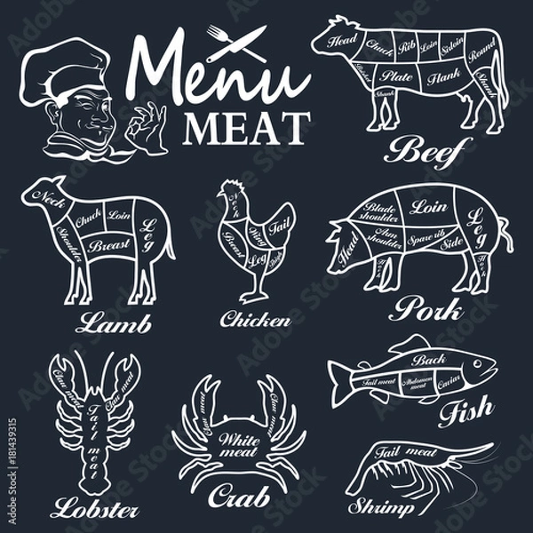 Fototapeta Meat menu. Set of butcher shop labels