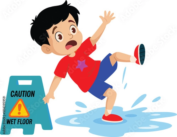 Obraz Cartoon boy slipping on wet floor, safety warning illustration, caution sign graphic, accident prevention concept, child falling in water puddle scene