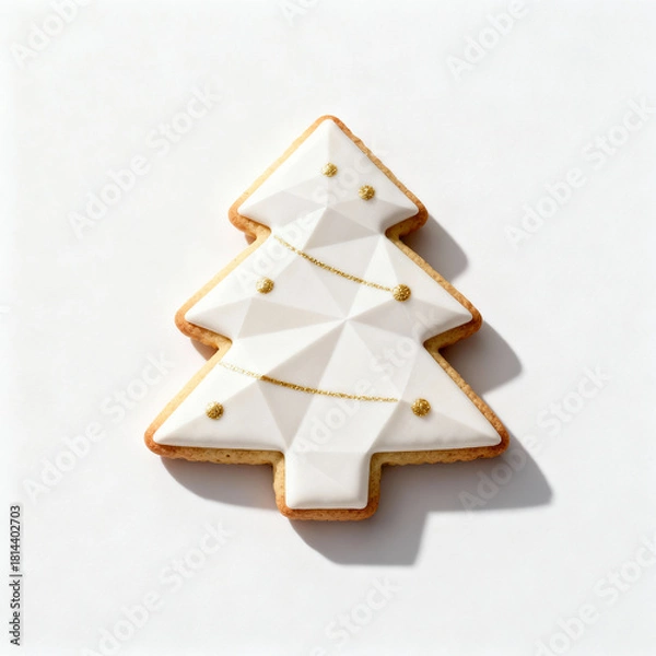 Fototapeta Biscoito natalino minimalista, formato geométrico com decoração dourada sutil, textura suave e sombra delicada sobre fundo branco puro, elegante e moderno