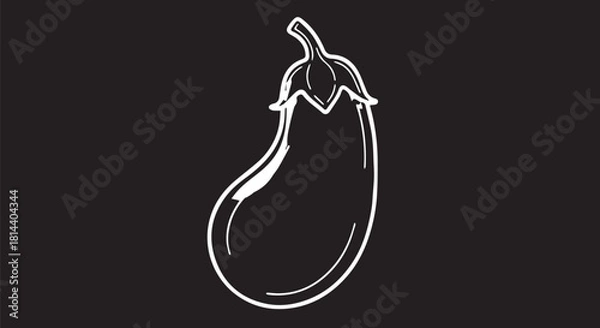 Fototapeta Minimalist white line drawing of an eggplant on dark background, simple and elegant food illustration.