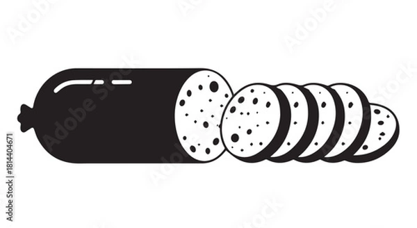 Fototapeta Sliced smoked sausage arranged in circular rounds on a white background, ready to eat.