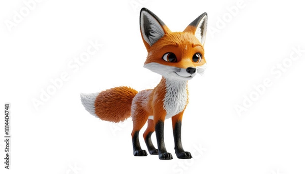 Fototapeta Cartoon fox with orange fur, black legs, and a fluffy tail standing upright and looking to the side, white background
