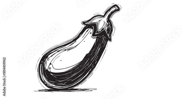 Fototapeta Minimalist sketch of a glossy eggplant with curved stem and shadow.