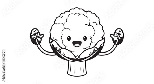 Fototapeta Cheerful muscular broccoli cartoon character flexing arms in a playful kitchen scene.