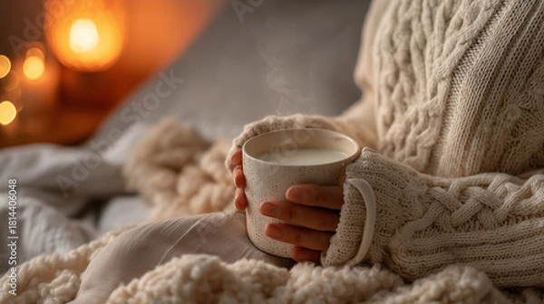Fototapeta 白いケーブルニットのセーターを着て温かいマグカップを持つ女性の手、冬のリラックスタイム