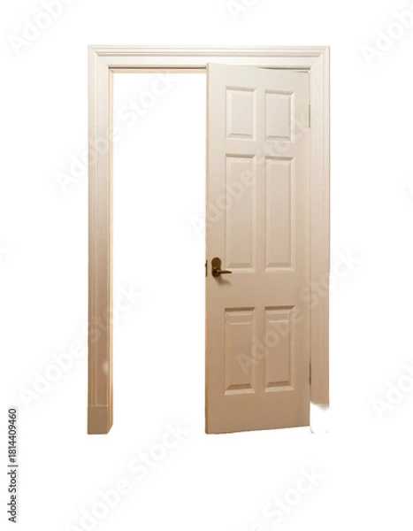 Obraz White double doors with glass panes and dark hardware, set in a white frame, slightly ajar and centered, object on white