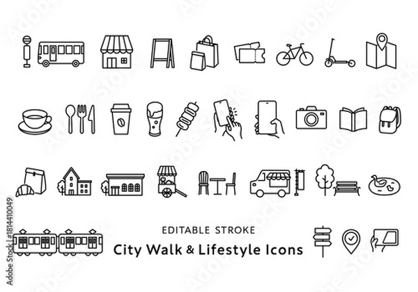 Obraz 街歩き・お出かけにまつわるアイコンセット（モノクロ）