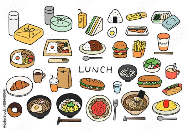Obraz ランチ・昼食にまつわる手描きイラストセット