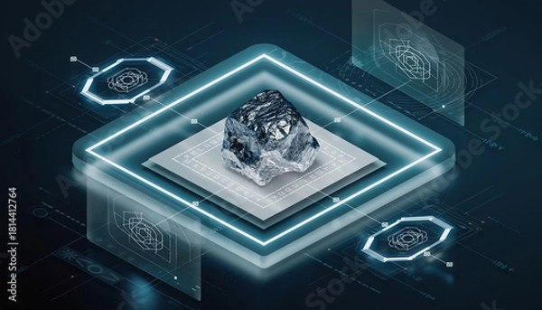 Obraz Technological Marvel: A conceptual illustration showcases a complex technological design, where a lustrous stone is centrally placed on a microchip, surrounded by luminous, modern graphics.