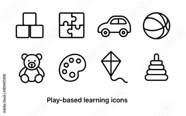 Fototapeta Play-based learning symbols: toy, puzzle, and creative activity line icons