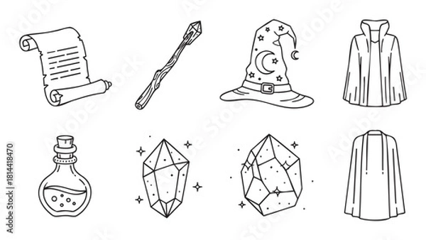 Obraz Set of fantasy wizard icons in a hand-drawn doodle style, featuring a magic wand, sorcerer hat, potion bottle, crystal, scroll, and cloak
