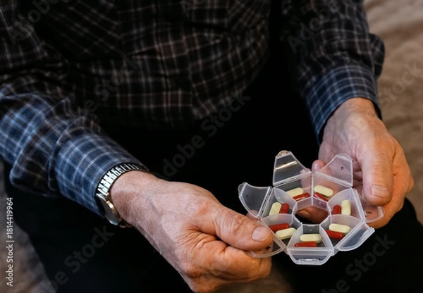 Fototapeta Elderly person organizing weekly medication in a pillbox at home during afternoon