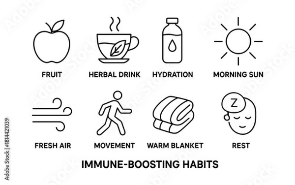 Fototapeta Healthy habits icons highlighting daily immune boosting practices in line art