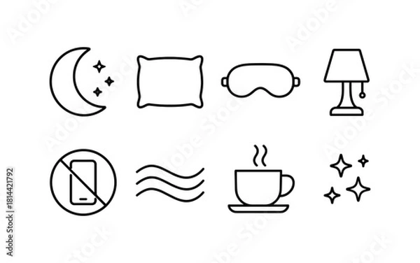 Fototapeta Sleep essentials icons: relaxing nighttime routine elements in line art style