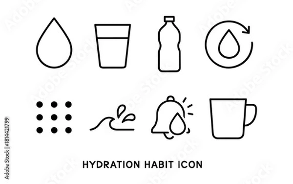 Fototapeta Hydration icons: water drop, bottle, reminder in linear style for healthy living
