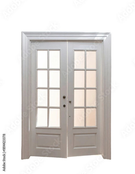 Obraz White double doors with glass panes and dark hardware, set in a white frame, slightly ajar and centered, object on white